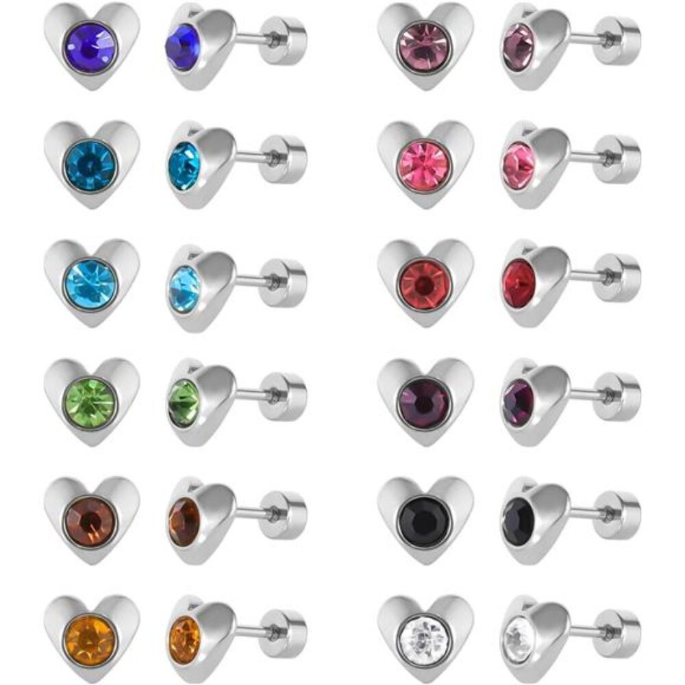 12 Pairs Surgical Stainless Steel Flat Back Birthstone Cubic Zirconia Stud